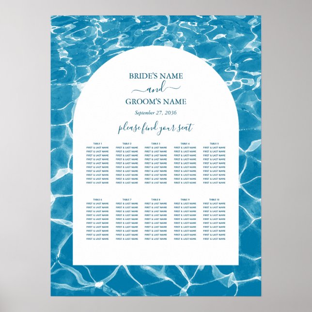 Poster Aquarelle Blue Ocean Beach Mariage Carte de siège (Devant)
