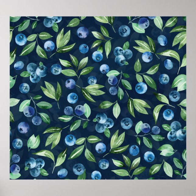 Poster Aquarelle Blueberry Dark Arrière - plan Motif (Devant)