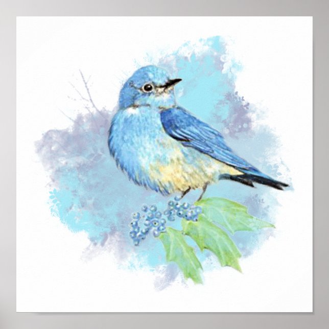 Poster Aquarelle Bluebird Garden Oiseau Art (Devant)