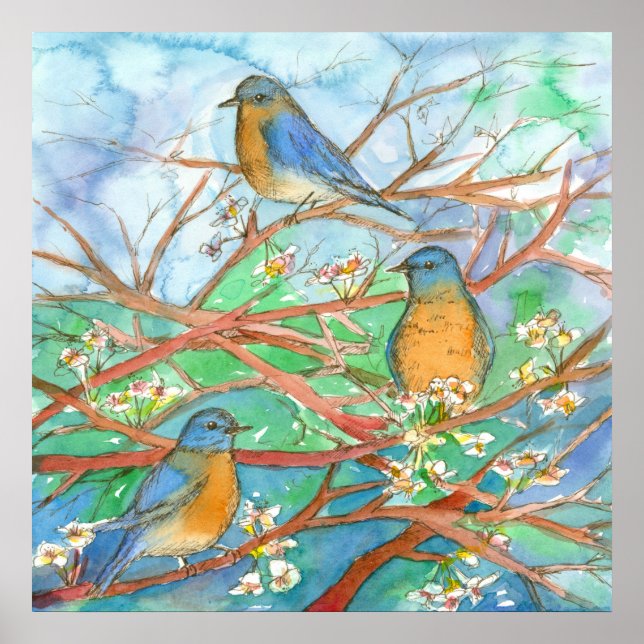Poster Aquarelle Bluebirds Blossom Fruit Tree Peinture (Devant)