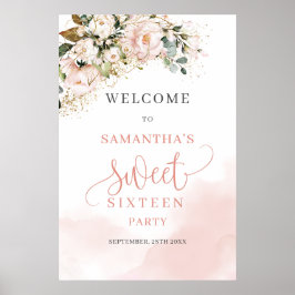 Poster Aquarelle Blush or rose 16e anniversaire bienvenue