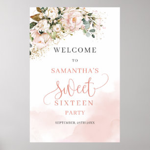 Poster Aquarelle Blush or rose 16e anniversaire bienvenue