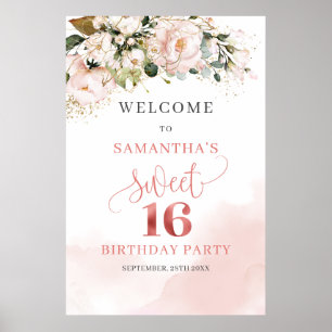 Poster Aquarelle Blush or rose 16e anniversaire bienvenue
