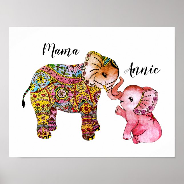 Poster Aquarelle Boho Rose Cute Elephant Décor Nursery (Devant)