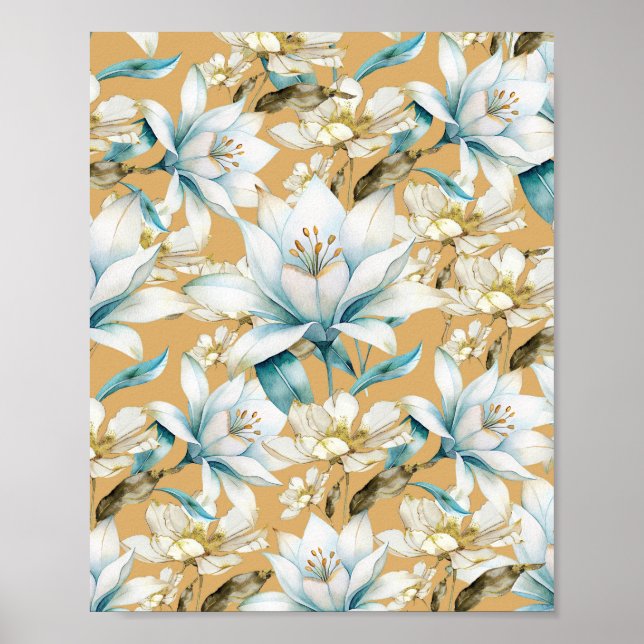 Poster Aquarelle botanique bleu blanc lily floral (Devant)