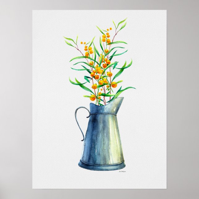 Poster Aquarelle Botanique Bleu Vase Jaune (Devant)