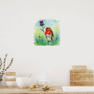 Poster Aquarelle botanique de Robin Bird et fleur de char