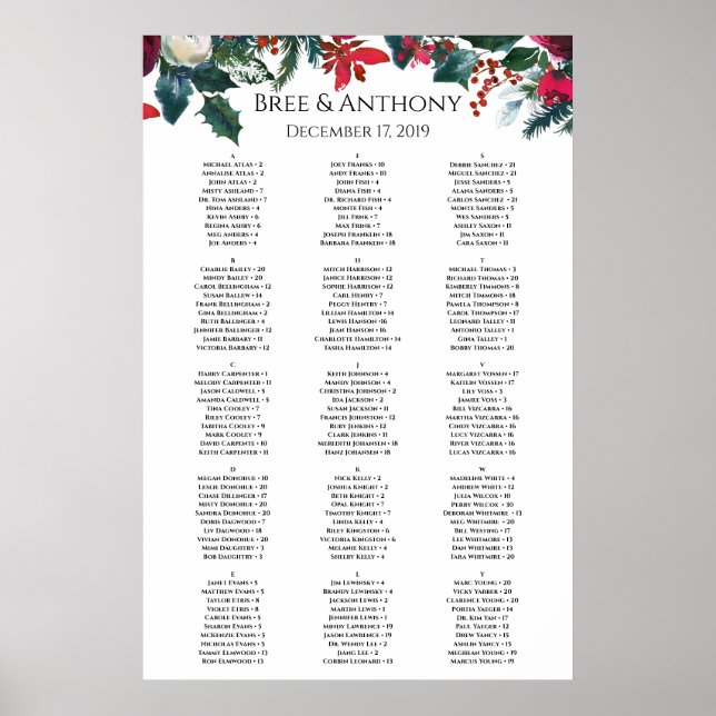 Poster Aquarelle Bouquet de Noël Mariage Carte de siège (Devant)