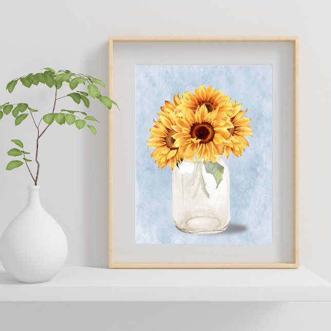 Poster Aquarelle Bouquet de tournesol rustique dans Mason (In situ)