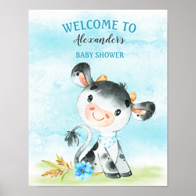 Poster Aquarelle Boy Vache Baby shower fermeBébé douche (Devant)