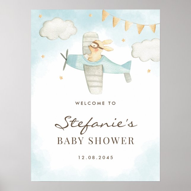 Poster Aquarelle Bunny Avion Blue Baby shower Bienvenue (Devant)