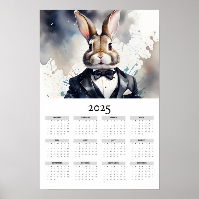 Poster Aquarelle Bunny Tuxedo Bow Cravate 2025 Calendrier (Devant)