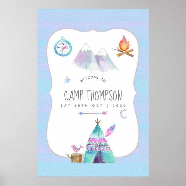 Poster Aquarelle Camping Anniversaire Fête Bienvenue (Devant)
