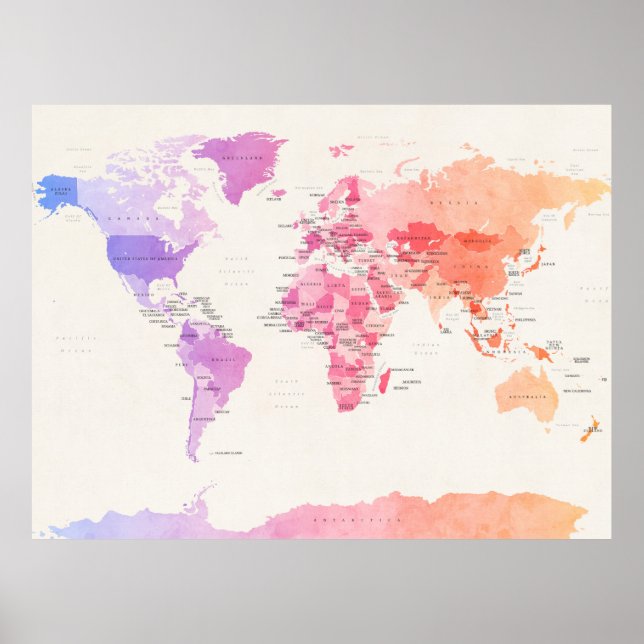 Poster Aquarelle Carte politique du monde (Devant)
