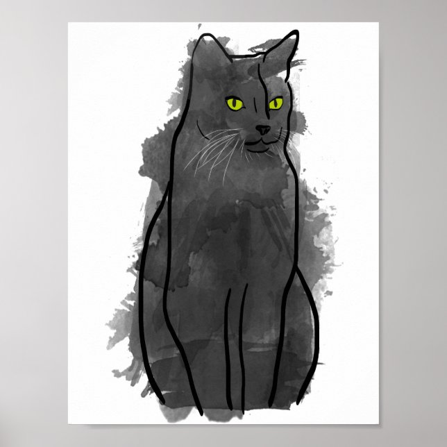 Poster Aquarelle Chat Noir Art, Aquarelle Décor Chat (Devant)