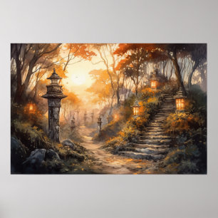 Poster Aquarelle chemin boisé avec lanternes en automne