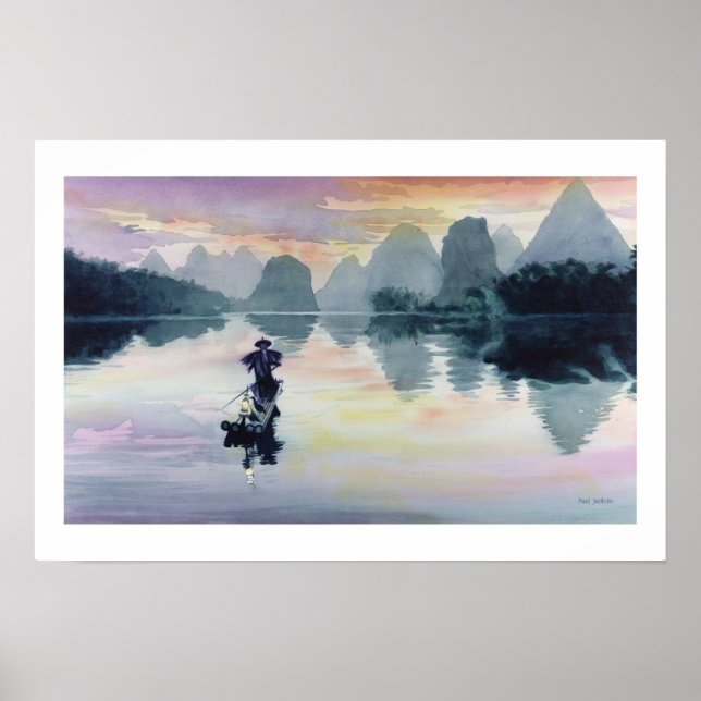 Poster Aquarelle chinoise "Cormorant Fisherman" (Devant)