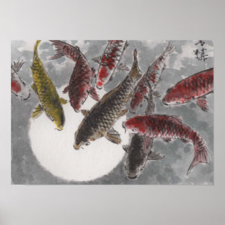 Poster Aquarelle chinoise de Lin Li 9 KOI Fish Moon