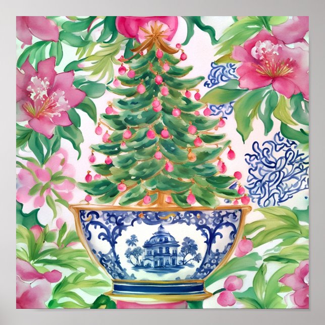 Poster Aquarelle Chinoiserie Arbre de Noël (Devant)