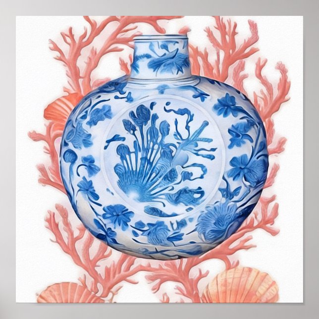 Poster Aquarelle Chinoiserie Ginger Jar et Coral (Devant)