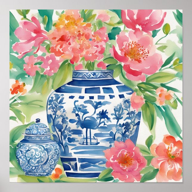 Poster Aquarelle Chinoiserie Ginger Jar of Flowers (Devant)