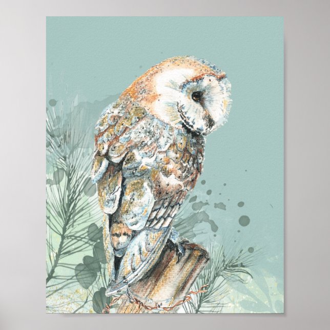 Poster Aquarelle Chouette Oiseau Faune Nature Art (Devant)