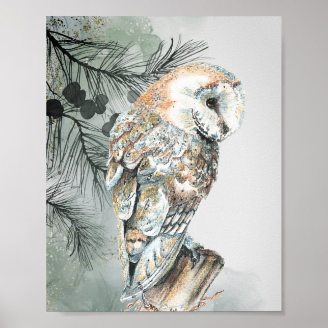 Poster Aquarelle Chouette Oiseau Nature Faune Art (Devant)