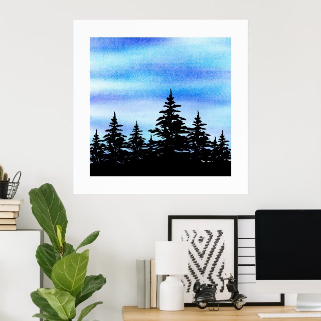 Poster Aquarelle Ciel Bleu Violet et Silhouette d'Arbres (Bureau à domicile)