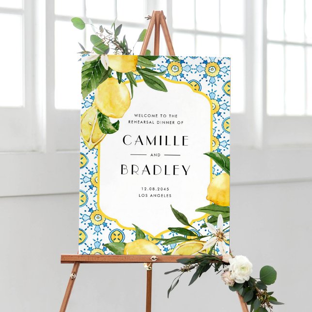Poster Aquarelle Citron méditerranéen Dîner de répétition (Customizable Mediterranean rehearsal dinner welcome sign featuring lemons and Moroccan tile pattern)
