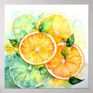 Poster Aquarelle Citron Orange Citron Vert Botanique Cuis