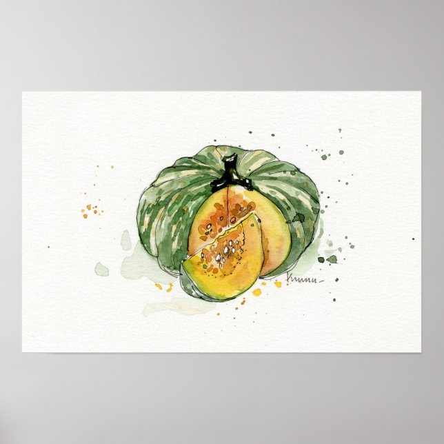 Poster Aquarelle, Citrouille, art de cuisine végétale (Devant)