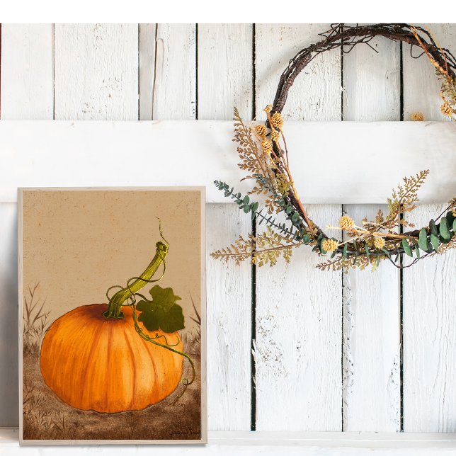 Poster Aquarelle Citrouille vintage (Original Watercolor Art. Vintage pumpkin on a rustic background.)
