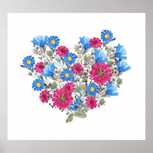 Poster Aquarelle coeur fleuri, arang fleur sauvage lumine