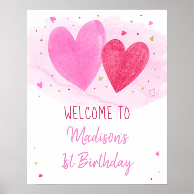 Poster Aquarelle Coeurs Accueil d'anniversaire (Devant)