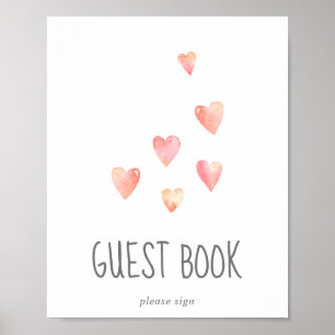Poster Aquarelle Coeurs Baby shower fille signe du livre 