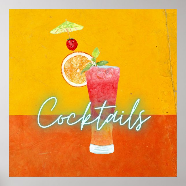 Poster Aquarelle colorée et cocktails tropicaux néon (Devant)