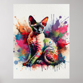 Poster Aquarelle Cornish Rex Chat Portrait coloré