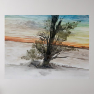 Poster Aquarelle Coucher de soleil naturel Peinture paysa