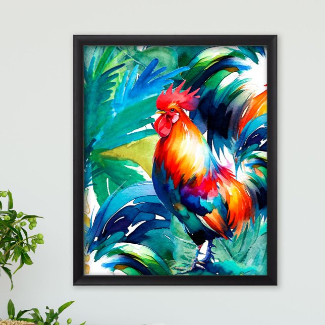 Poster Aquarelle couleur coq (Sol the rooster watercolor print in vibrant shades of tropical green, blue and red.)