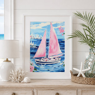 Poster Aquarelle couleur rose voilier Côte Bleu