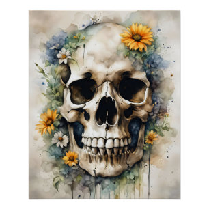Poster Aquarelle crâne avec Fleurs sauvages