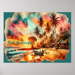 Poster Aquarelle Croquis Bali Indonésie Tropical  