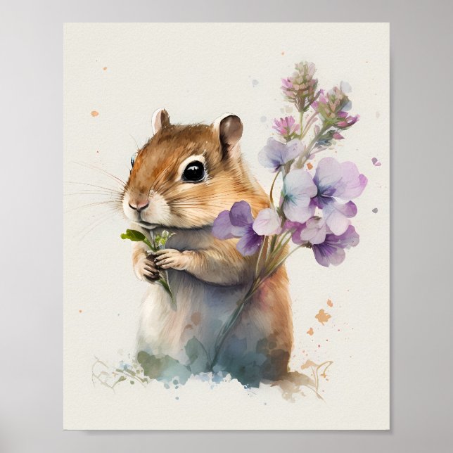 Poster Aquarelle Cute Chipmunk avec fleurs (Devant)