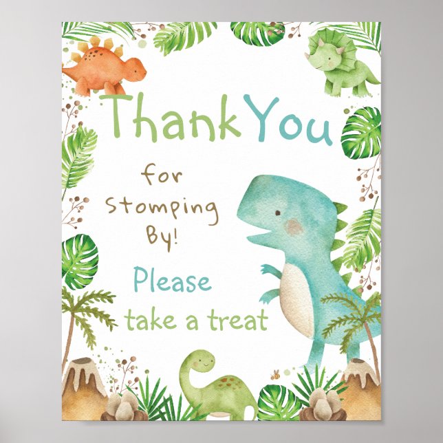 Poster Aquarelle Cute Dinosaures Merci vert (Devant)