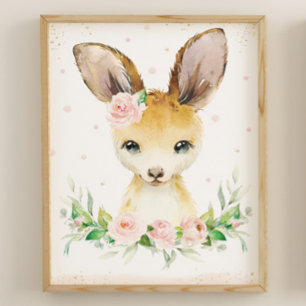Poster Aquarelle Cute Kangaroo Blush Pink Floral Wall