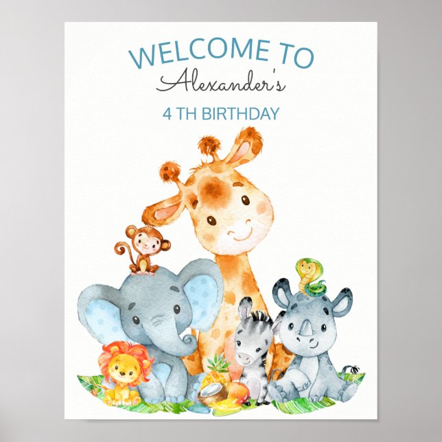 Poster Aquarelle Cute Safari Jungle Animaux Anniversaire (Devant)