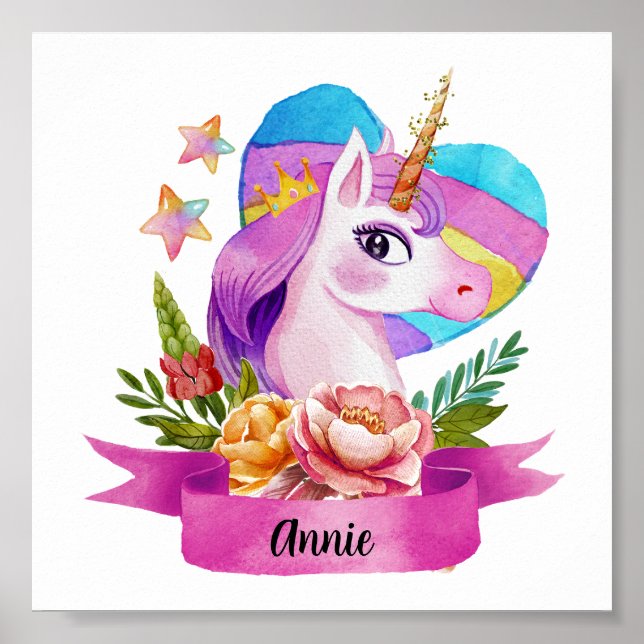 Poster Aquarelle Cute Unicorn Coeur Nom personnalisé (Devant)