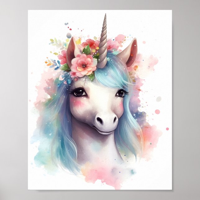 Poster Aquarelle Cute Unicorne Avec Cheveux Bleu (Devant)
