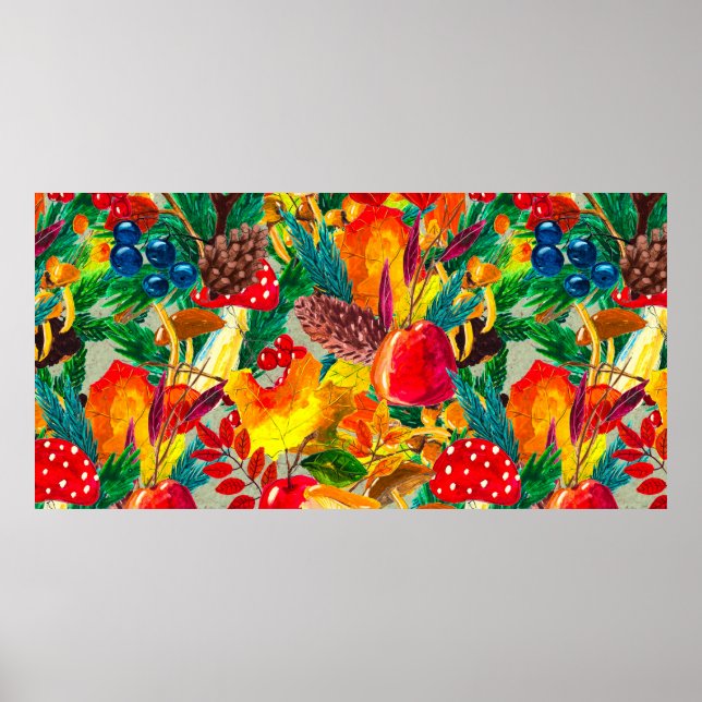 Poster Aquarelle d'automne en continu motif avec mus feui (Devant)