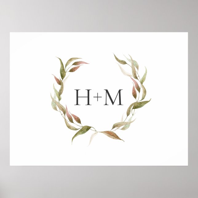 Poster Aquarelle d'automne Laurel Wreath et Monogramme (Devant)